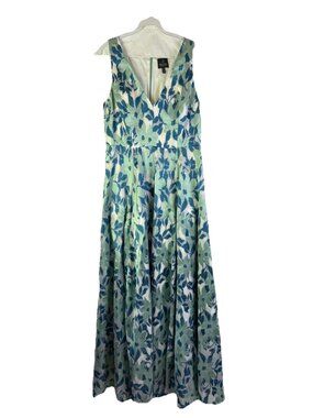 Adrianna Papell Blue Brocade Floral Full Gown Dress Mother of Bride